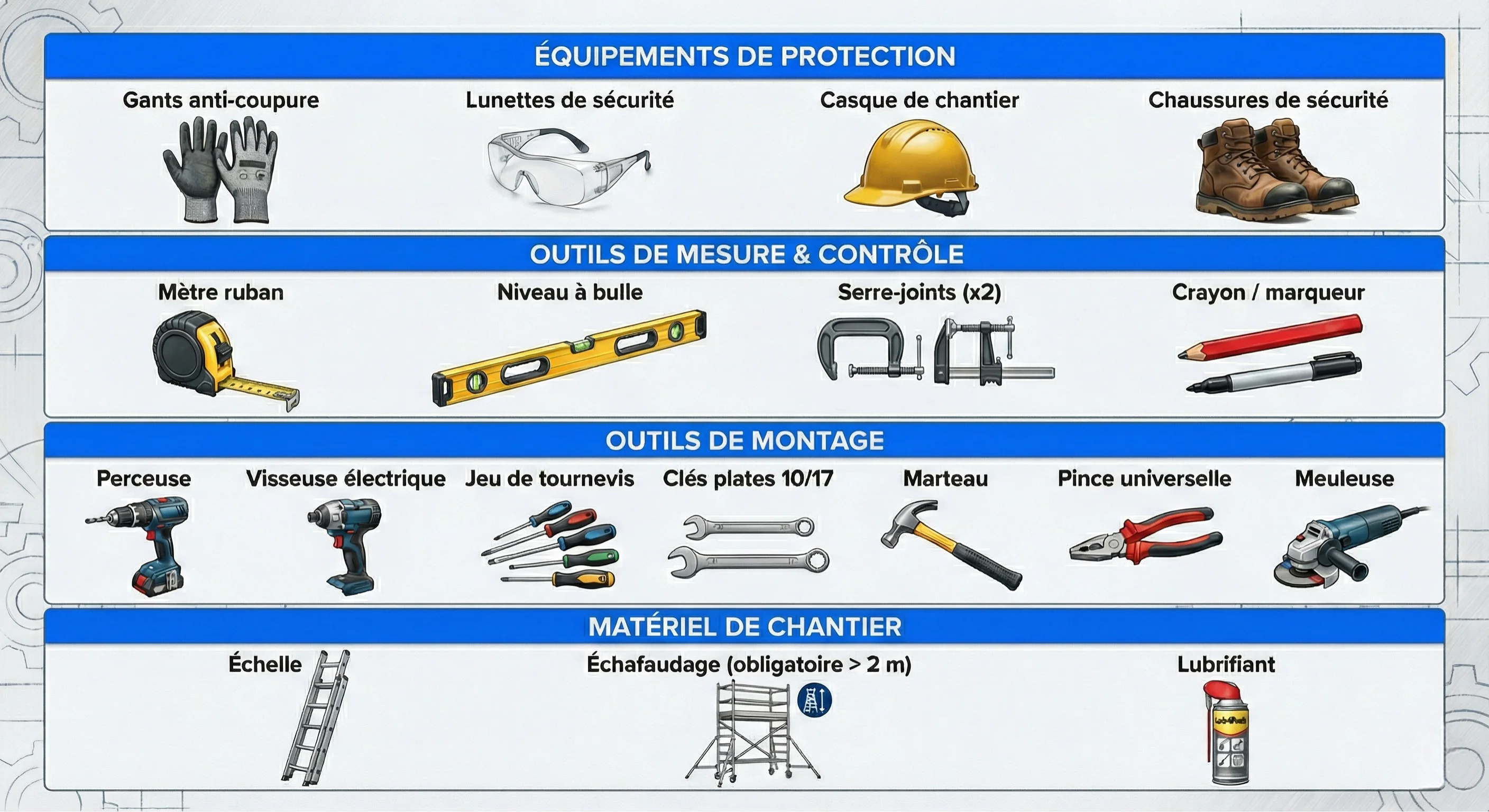 L'outillage et le matériel nécessaire pour la pose d’un rideau métallique