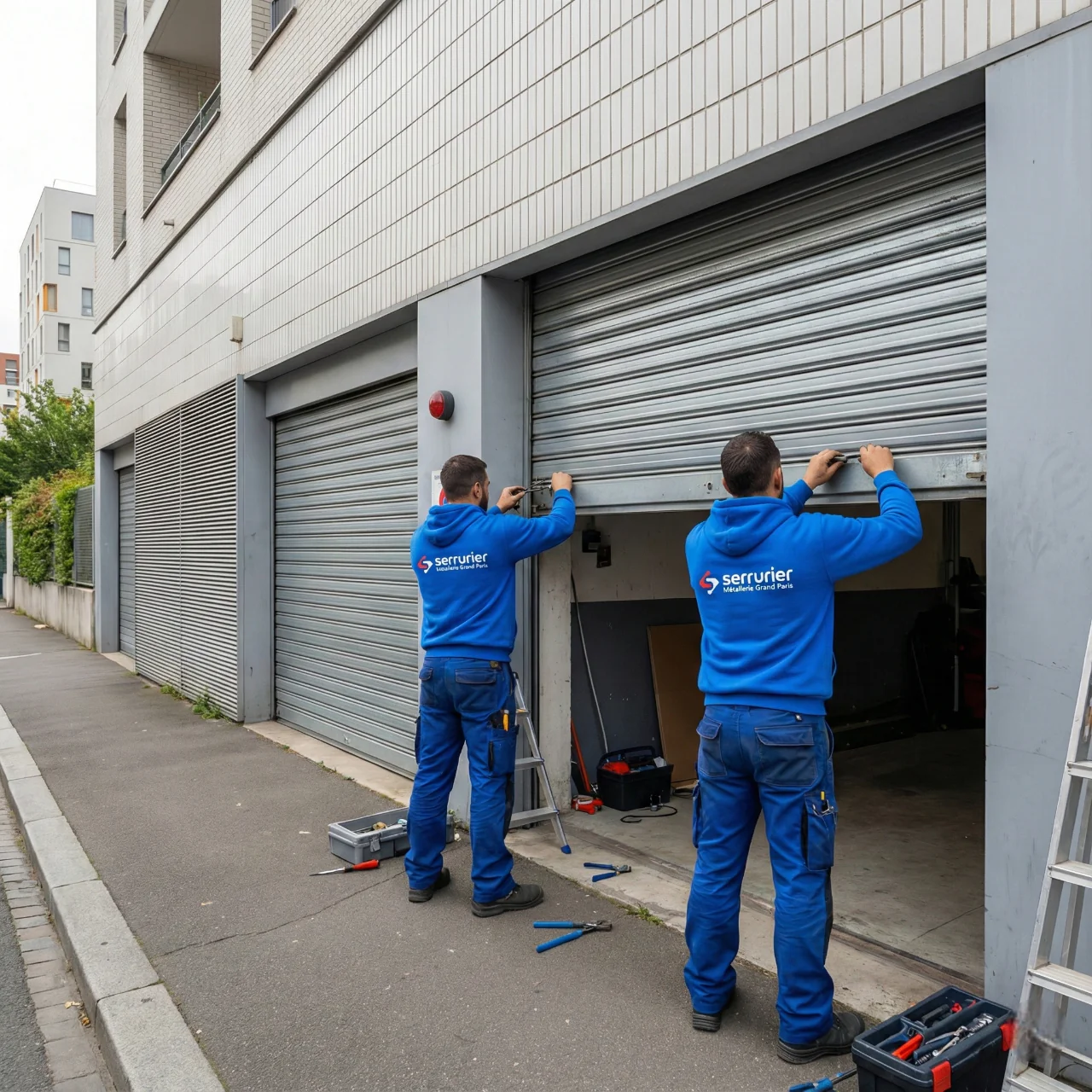 Réparation rideau métallique d'un immeuble rue André Lalande, à Évry-Courcouronnes