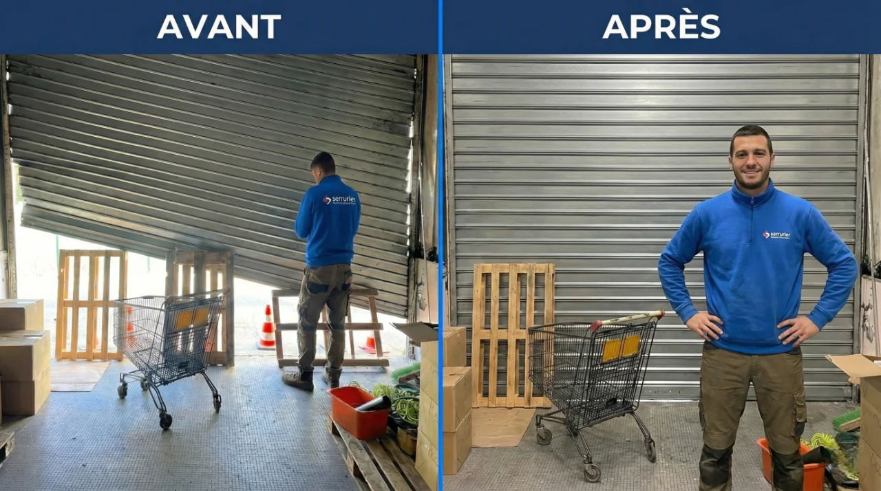 Avant - après dépannage de rideau métallique à Fontenay sous Bois