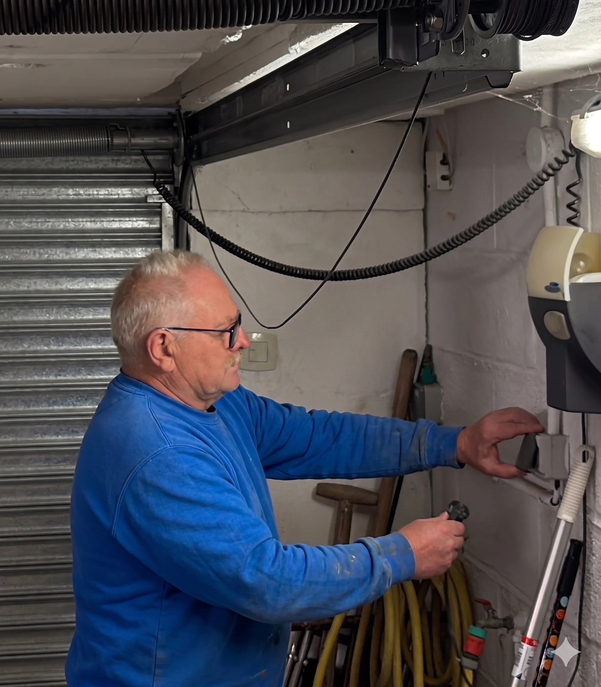 Intervention sur un moteur de rideau métallique enroulable, réglage et dépannage électrique par un technicien spécialisé en fermeture métallique.