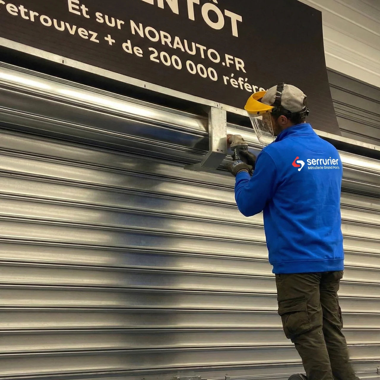 Technicien MGParis en intervention sur un rideau métallique