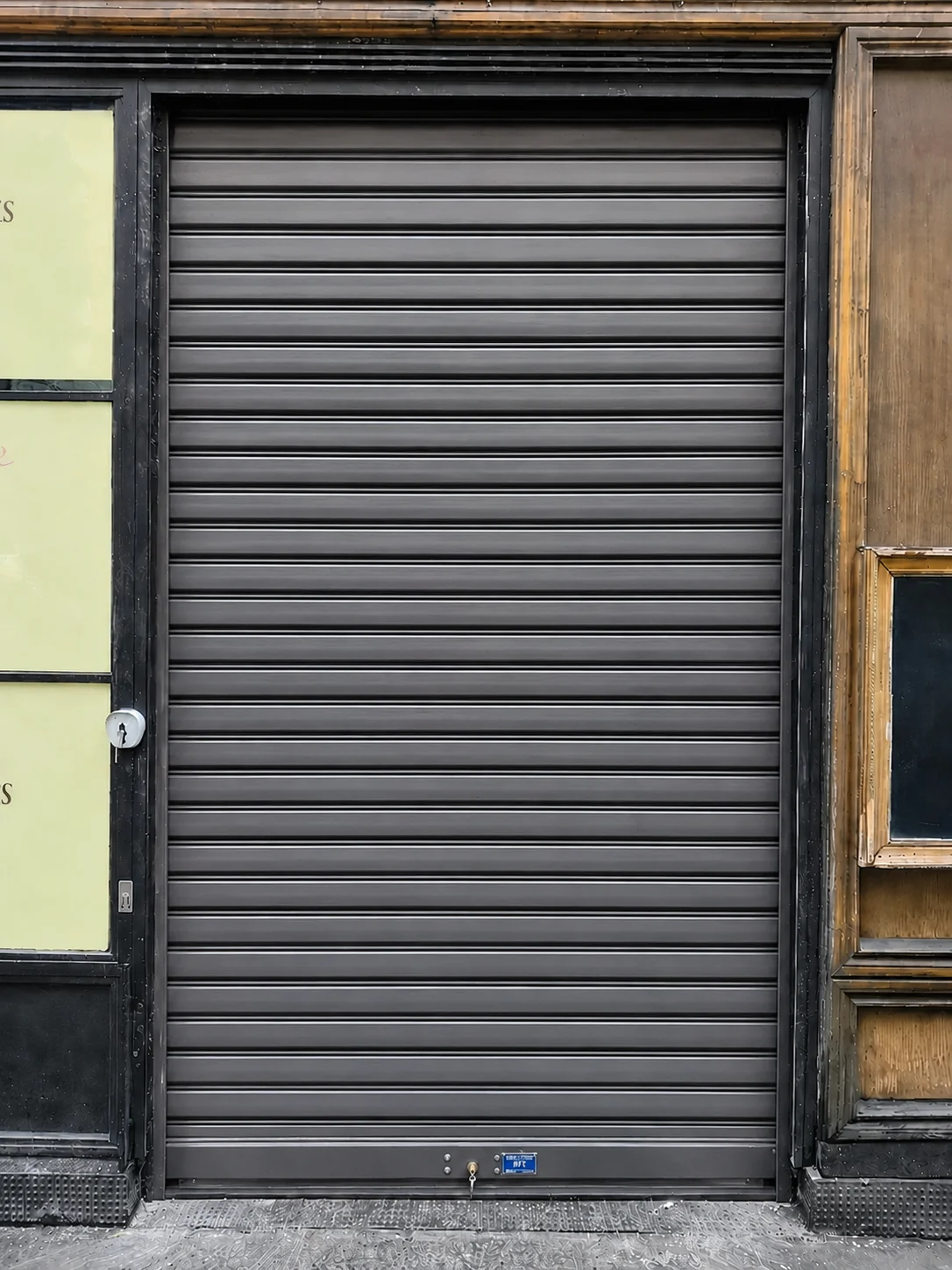 Façade commerciale avant installation rideau métallique microperforé Paris 9 — rideau à lames pleines d'origine
