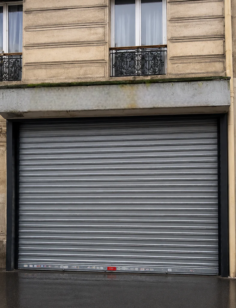 Rideau métallique à lames pleines motorisé installé par MGParis à Paris 8 (75008) après travaux