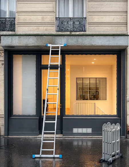 Ancienne fermeture de façade avant installation d'un rideau métallique à lames pleines à Paris 8 (75008)