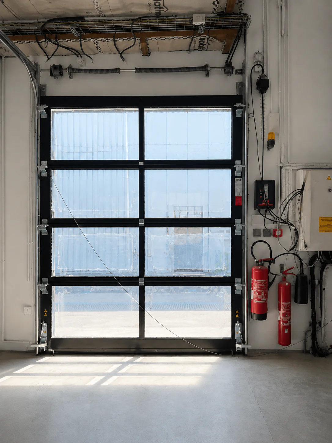 Porte sectionnelle industrielle vitrée réparée après remplacement des ressorts de torsion à Vaires-sur-Marne (77360)