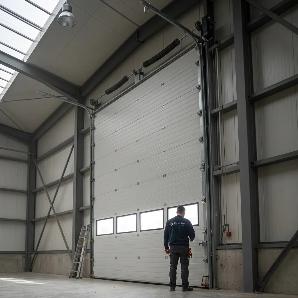 Réparation porte sectionnelle industrielle bloquée fermée à Serris