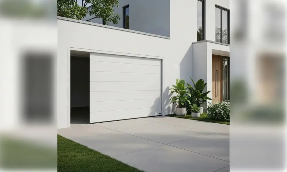 Porte de garage blanche à panneaux horizontaux sur une façade contemporaine, Bussy-Saint-Martin